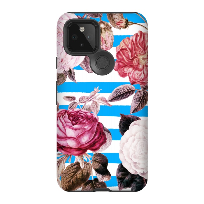 Pixel 5 StrongFit Vintage roses illustration on blue and white stripes by Oana 