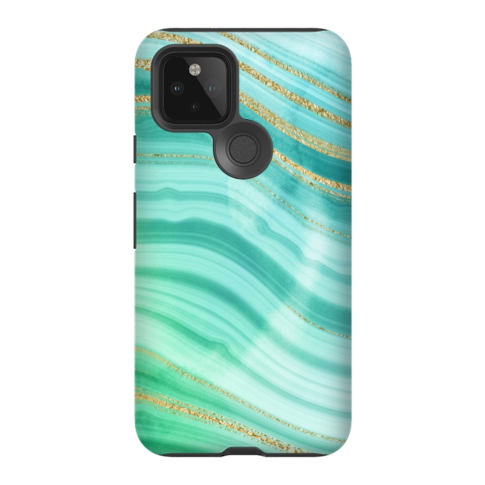 Pixel 5 StrongFit Teal Turquoise and Gold Foil Marble Waves by DaDo ART