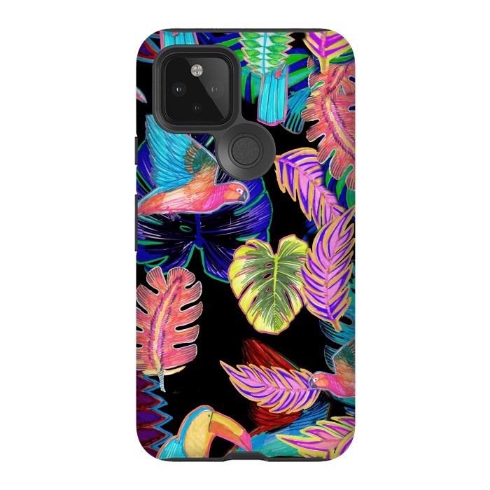 Pixel 5 StrongFit Colorful sketched tropical birds and leaves by Oana 