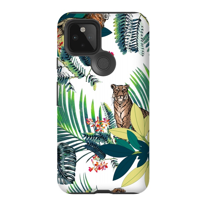 Pixel 5 StrongFit Tiger and tropical jungle leaves and flowers by Oana 