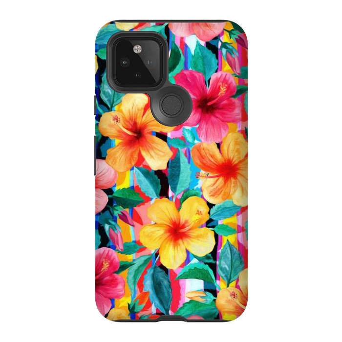 Pixel 5 StrongFit OTT Maximalist Hawaiian Hibiscus Floral with Stripes by Micklyn Le Feuvre