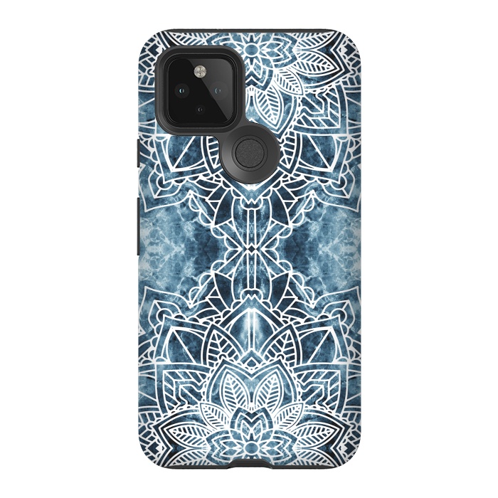 Pixel 5 StrongFit White lace floral mandala on blue marble by Oana 