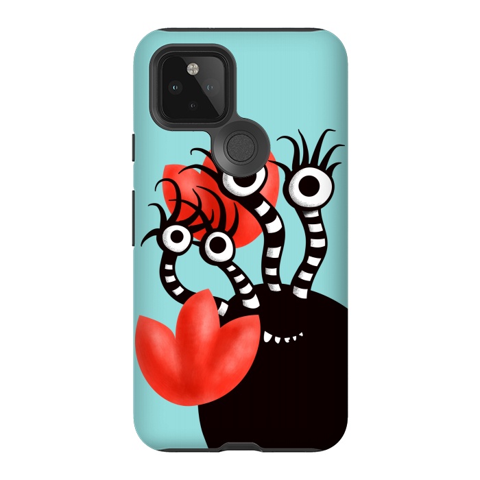 Pixel 5 StrongFit Cute Monster With Four Eyes And Abstract Tulips by Boriana Giormova
