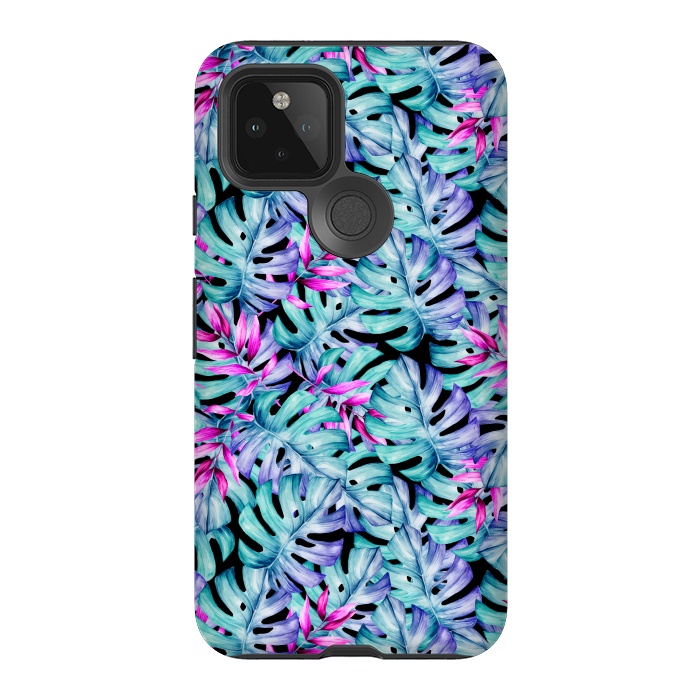 Pixel 5 StrongFit Blue Pink Tropical Leaves Watercolor by Alemi