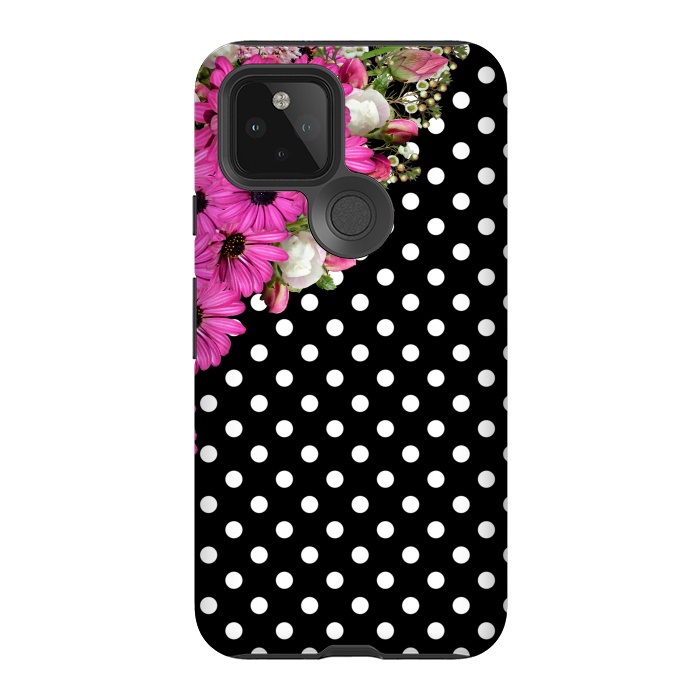 Pixel 5 StrongFit Black and White Polka Dots and Pink Flowers by Alemi