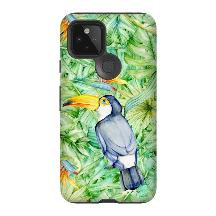 Pixel 5 StrongFit Toucan Tropical Leaves Watercolor by Alemi