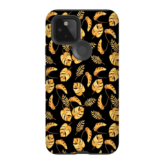 Pixel 5 StrongFit Gold Tropical Leaves Black Background by Alemi