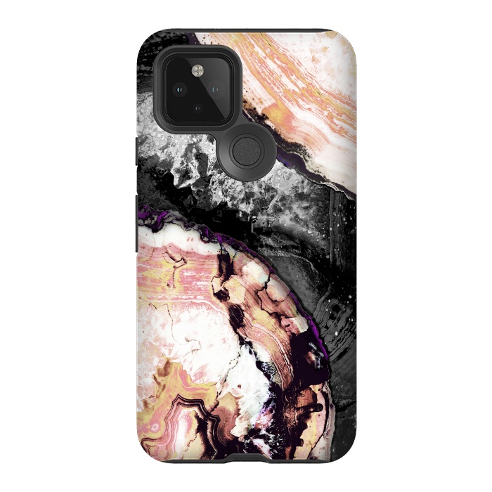 Pixel 5 StrongFit Golden agata gemstone slices on black marble by Oana 
