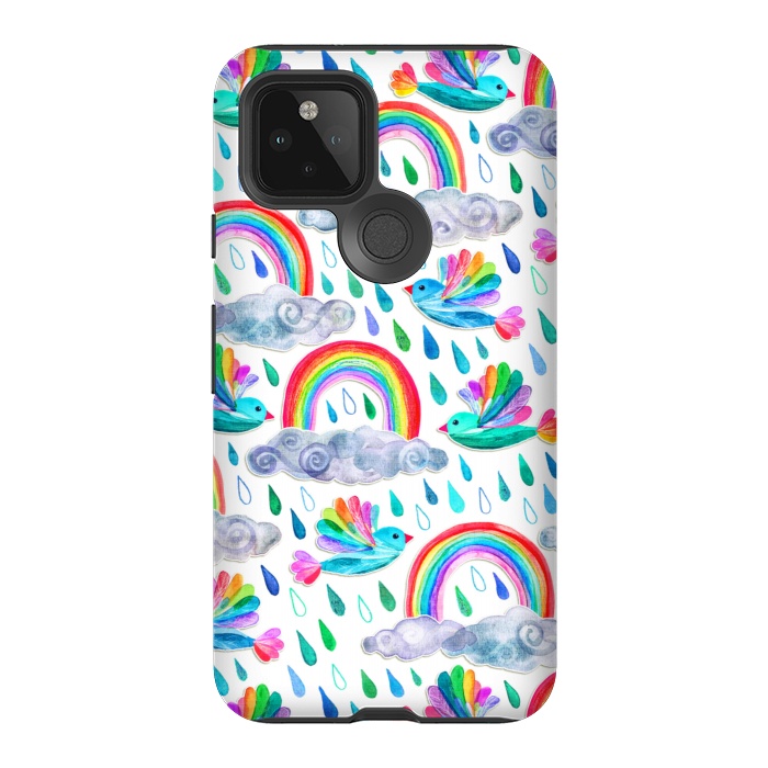 Pixel 5 StrongFit Happy Rainbow Birds on White by Micklyn Le Feuvre