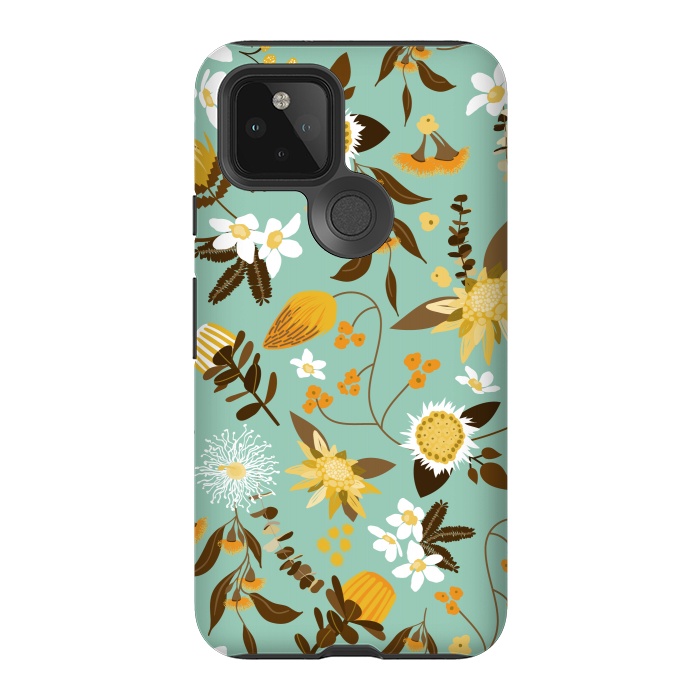Pixel 5 StrongFit Stylized Australian Florals in Teal and Mustard by Paula Ohreen