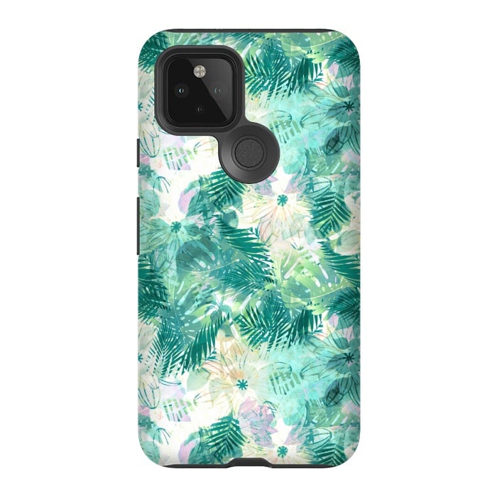 Pixel 5 StrongFit Tropical leaves and white watercolor flowers by Oana 