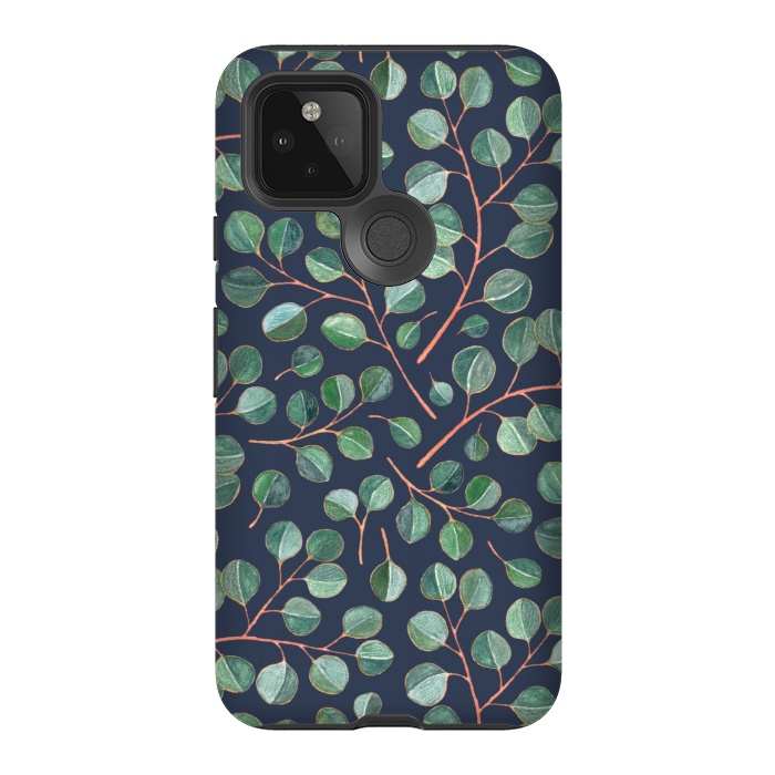 Pixel 5 StrongFit Simple Silver Dollar Eucalyptus Leaves on Navy Blue  by Micklyn Le Feuvre