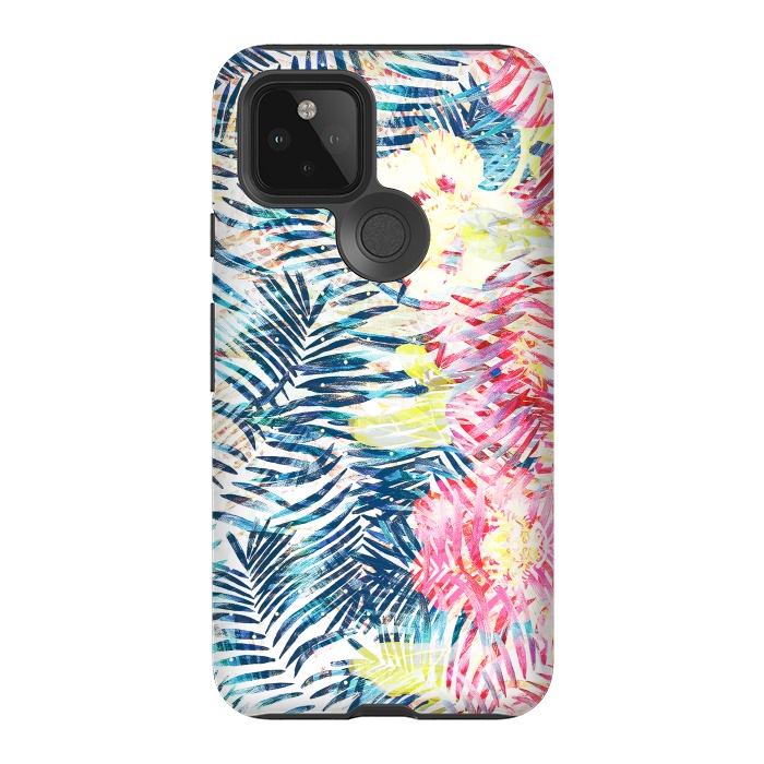 Pixel 5 StrongFit Tropical palm leaves and colorful flowers by Oana 