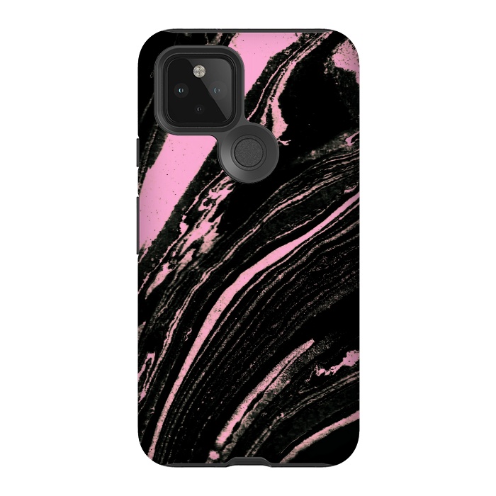 Pixel 5 StrongFit Black marble with neon pink stripes by Oana 