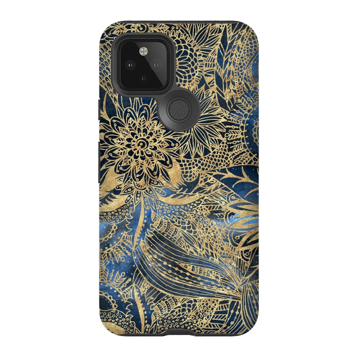 Pixel 5 StrongFit Elegant gold floral mandala and blue nebula design by InovArts
