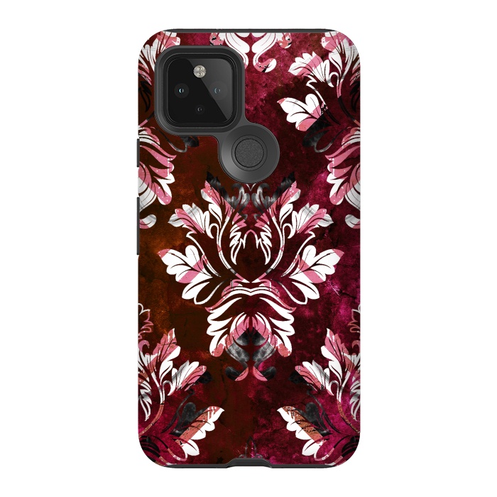 Pixel 5 StrongFit Rich burgundy marble and silver damask by Oana 