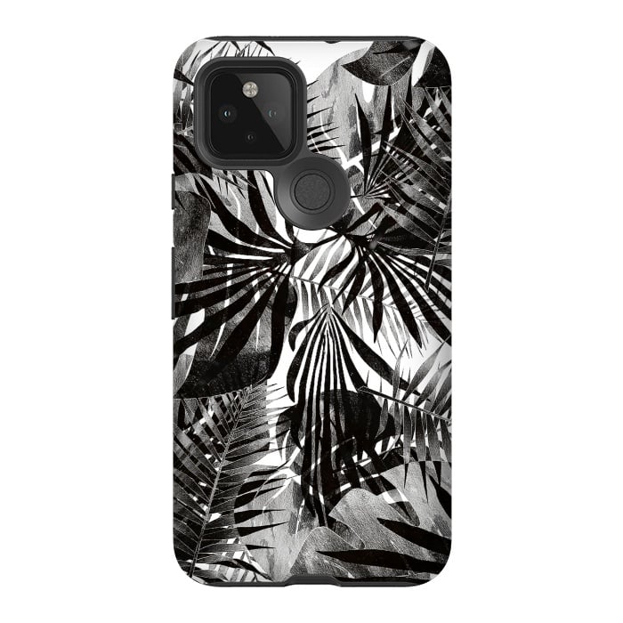 Pixel 5 StrongFit Silver black metallic tropical leaves by Oana 