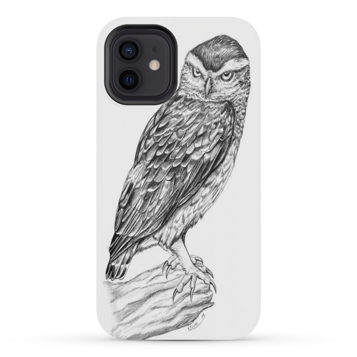 iPhone 12 mini StrongFit Little owl Athene noctua pencil artwork by Chloe Yzoard