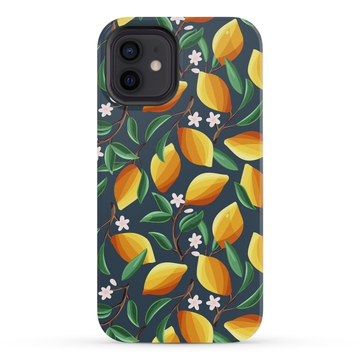 iPhone 12 mini StrongFit Lemon pattern, on dark by Jelena Obradovic