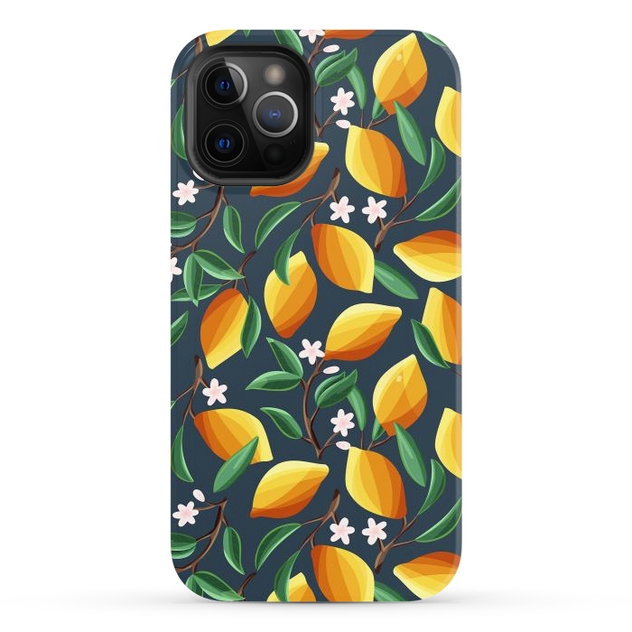 iPhone 12 Pro StrongFit Lemon pattern, on dark by Jelena Obradovic