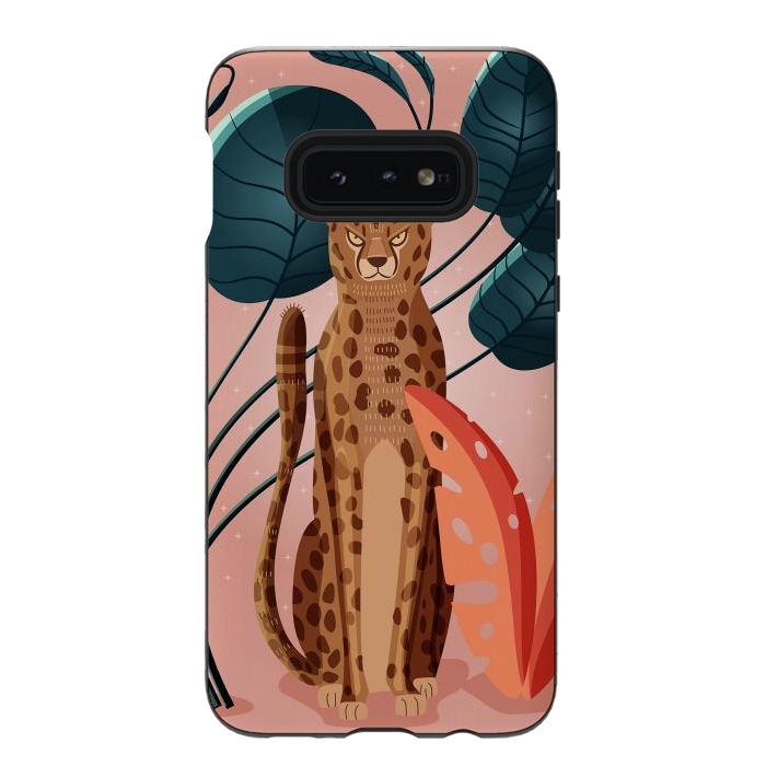 Galaxy S10e StrongFit Cheetah and palm leaves by Jelena Obradovic
