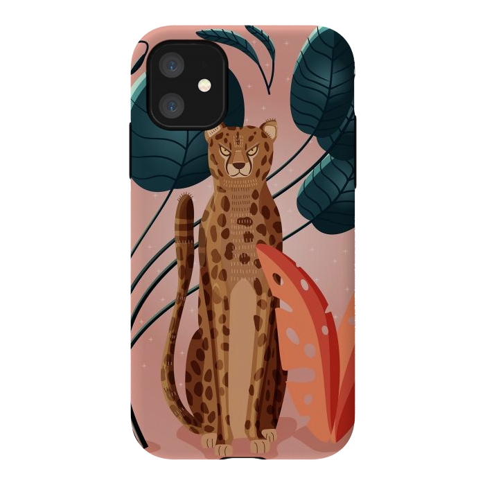 iPhone 11 StrongFit Cheetah and palm leaves by Jelena Obradovic