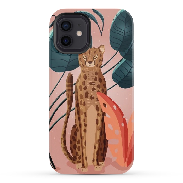 iPhone 12 mini StrongFit Cheetah and palm leaves by Jelena Obradovic