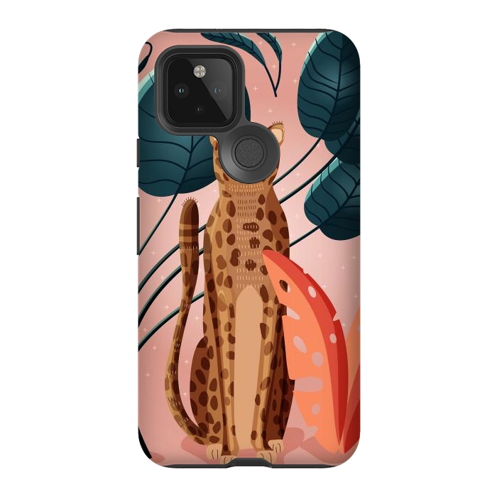 Pixel 5 StrongFit Cheetah and palm leaves by Jelena Obradovic