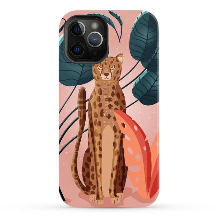 iPhone 12 Pro Max StrongFit Cheetah and palm leaves by Jelena Obradovic