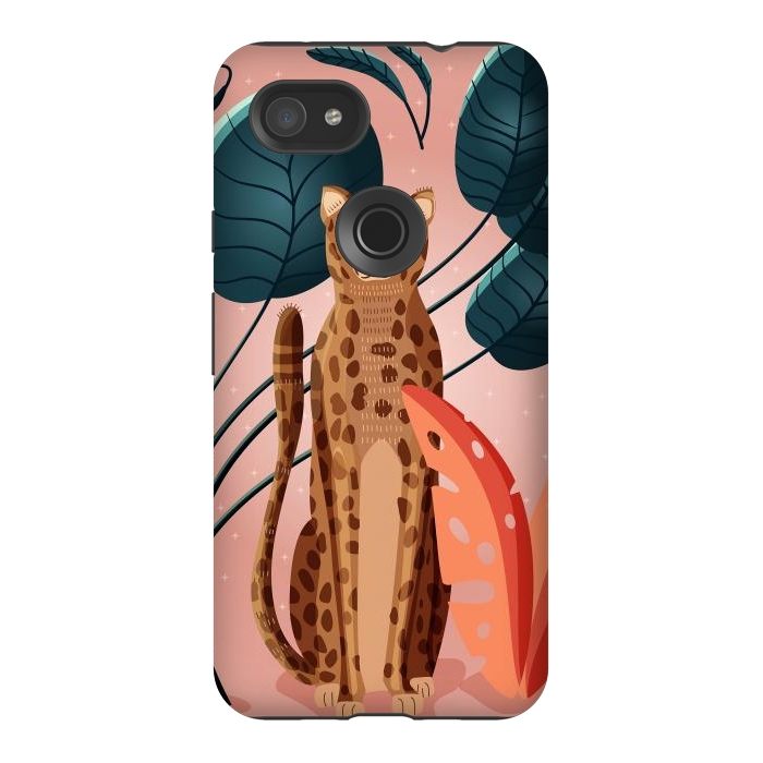 Pixel 3AXL StrongFit Cheetah and palm leaves by Jelena Obradovic