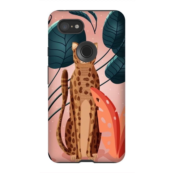 Pixel 3XL StrongFit Cheetah and palm leaves by Jelena Obradovic