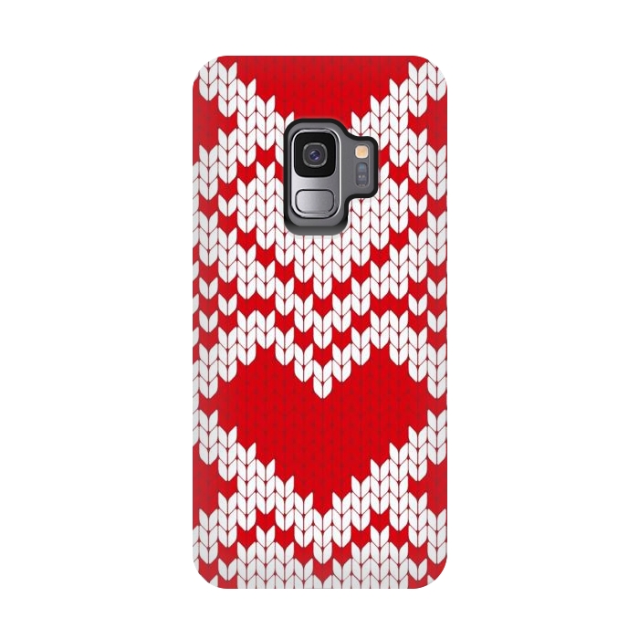 Galaxy S9 StrongFit Red white knitted heart pattern by haroulita
