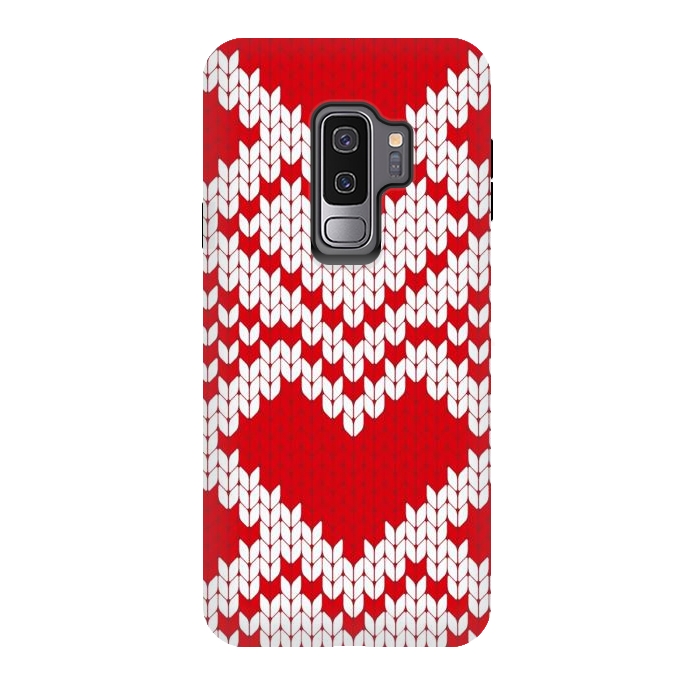 Galaxy S9 plus StrongFit Red white knitted heart pattern by haroulita
