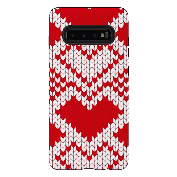 Galaxy S10 plus StrongFit Red white knitted heart pattern by haroulita