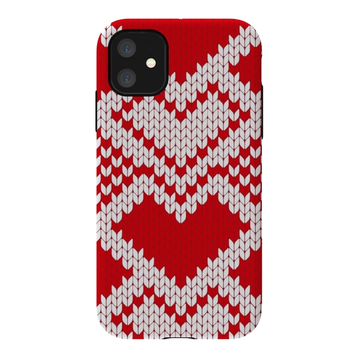 iPhone 11 StrongFit Red white knitted heart pattern by haroulita