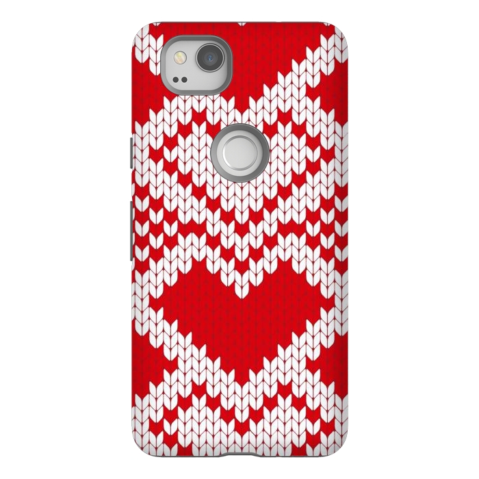 Pixel 2 StrongFit Red white knitted heart pattern by haroulita