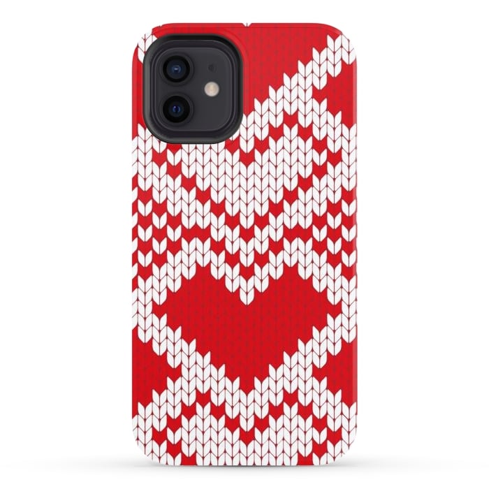 iPhone 12 StrongFit Red white knitted heart pattern by haroulita