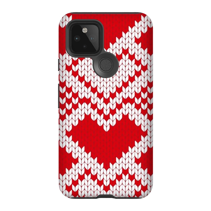 Pixel 5 StrongFit Red white knitted heart pattern by haroulita