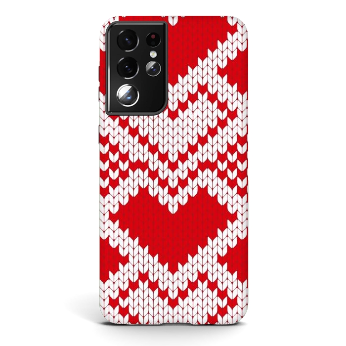 Galaxy S21 ultra StrongFit Red white knitted heart pattern by haroulita