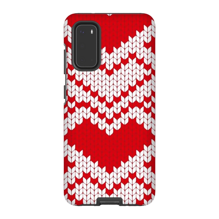 Galaxy S20 StrongFit Red white knitted heart pattern by haroulita