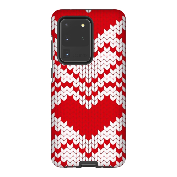 Galaxy S20 Ultra StrongFit Red white knitted heart pattern by haroulita