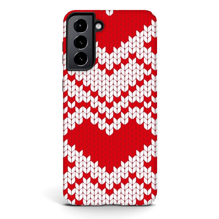 Galaxy S21 plus StrongFit Red white knitted heart pattern by haroulita
