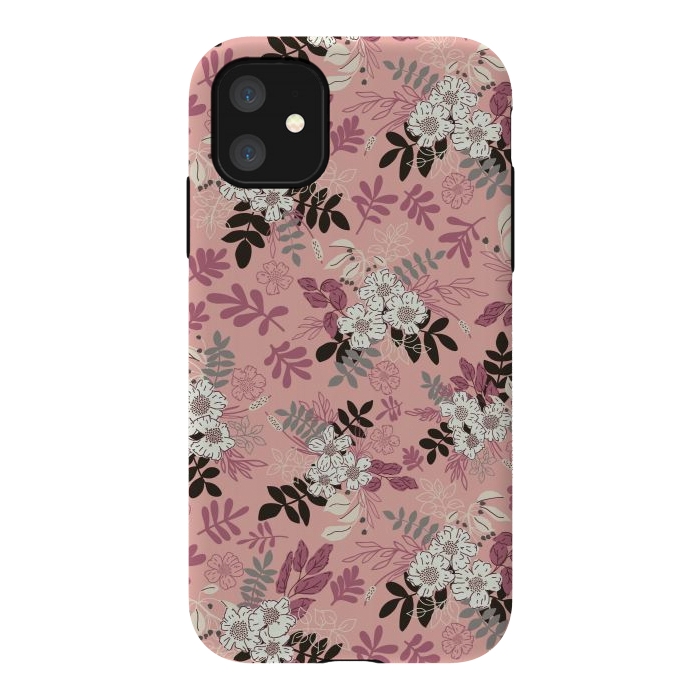 iPhone 11 StrongFit Autumnal Florals in Pink, Black and White by Paula Ohreen