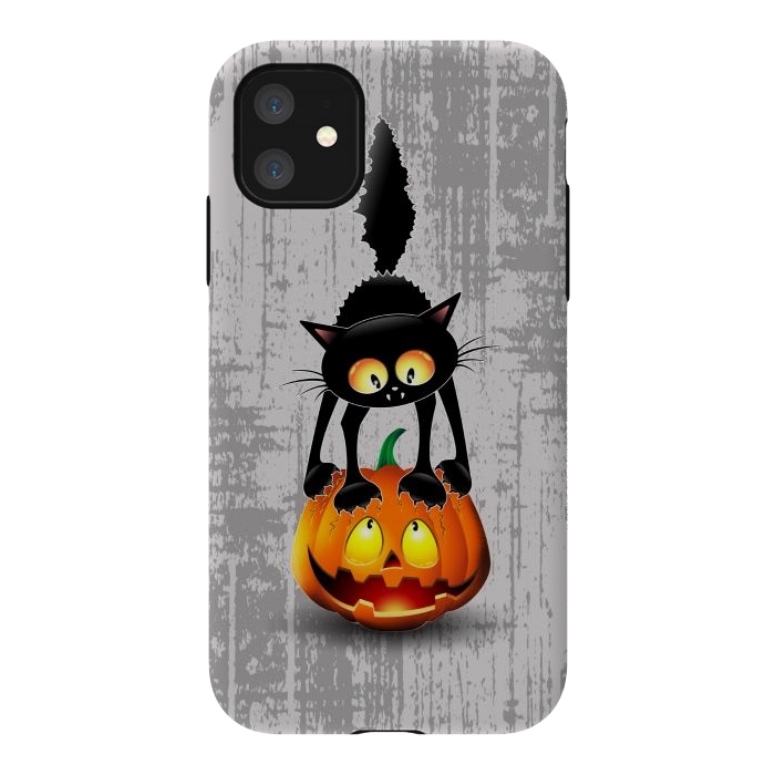 iPhone 11 StrongFit Cat Fun Halloween Character Cartoon scratching a Halloween Pumpkin by BluedarkArt