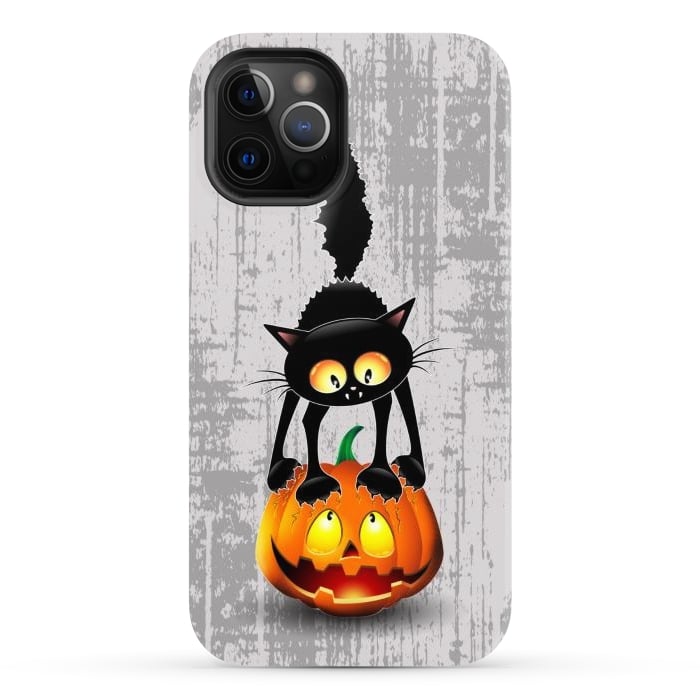 iPhone 12 Pro Max StrongFit Cat Fun Halloween Character Cartoon scratching a Halloween Pumpkin by BluedarkArt