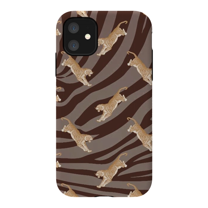 iPhone 11 StrongFit Tiger pattern on brown stripes - modern animal pattern by Oana 