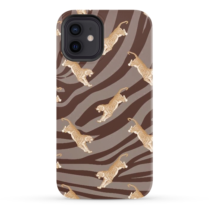 iPhone 12 StrongFit Tiger pattern on brown stripes - modern animal pattern by Oana 