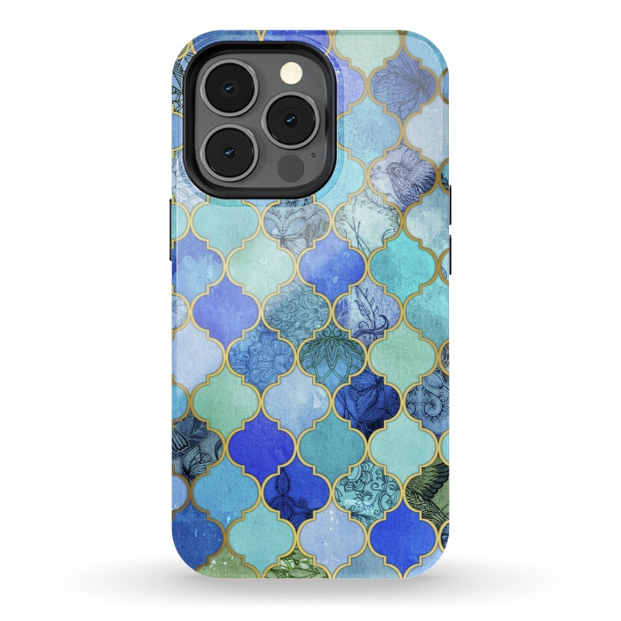 iPhone 13 pro StrongFit Cobalt Blue Aqua and Gold Decorative Moroccan Tile Pattern by Micklyn Le Feuvre