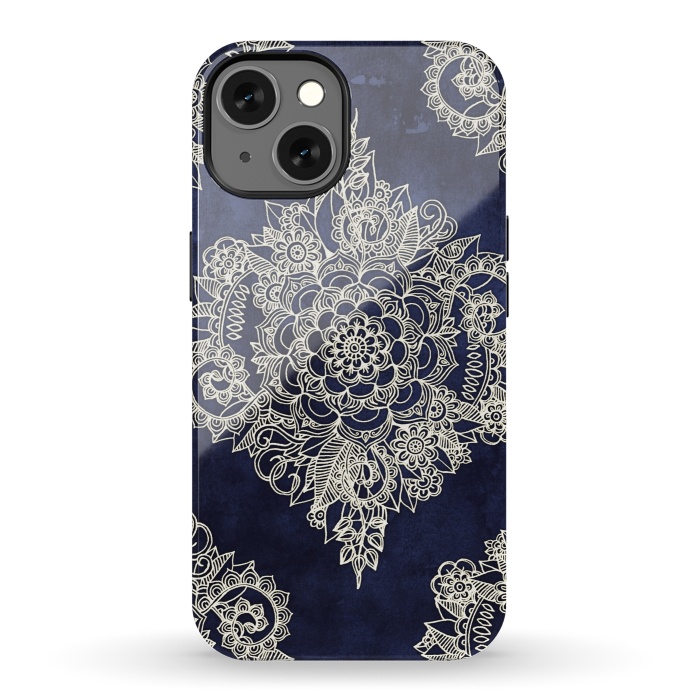 iPhone 13 StrongFit Cream Floral Moroccan Pattern on Deep Indigo Ink by Micklyn Le Feuvre