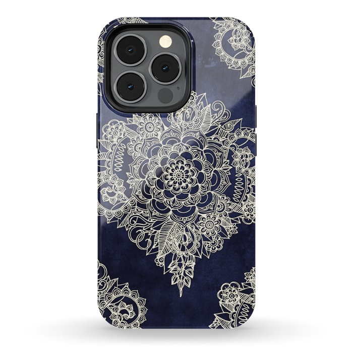 iPhone 13 pro StrongFit Cream Floral Moroccan Pattern on Deep Indigo Ink by Micklyn Le Feuvre